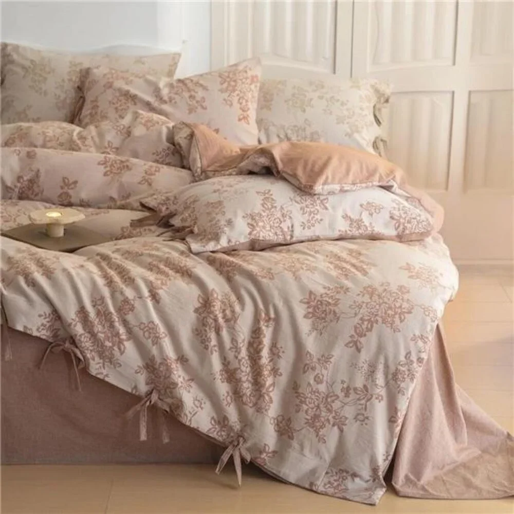 NEW Anthro Pink Floral Jacquard Queen King Linen Cotton Bedding Duvet & Sham Set